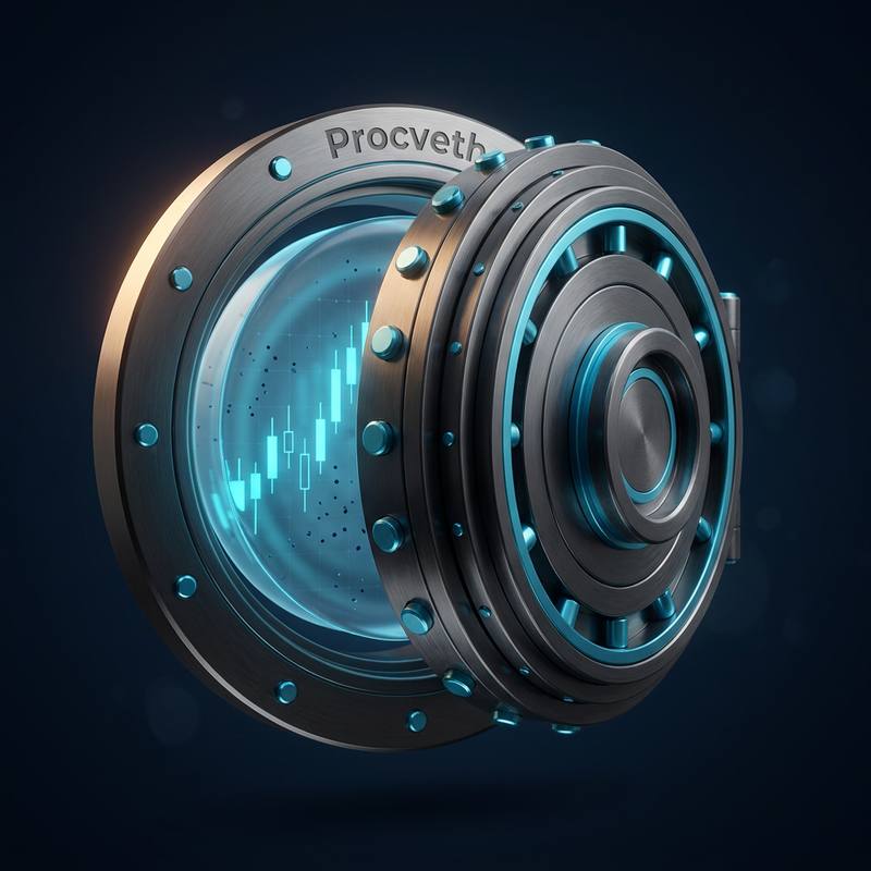 Stalowy sejf z logo Procveth i neonowym wykresem świecowym w środku – symbol ochrony aktywów
